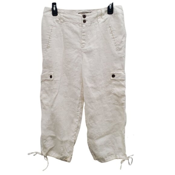 Caribbean Joe Women's White 100%‎ Linen Casual Vacation Cargo Crop Pants Size 8 - Picture 1 of 9